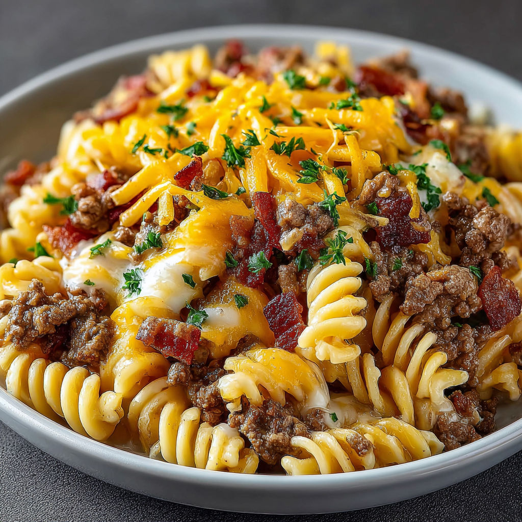 A bowl of pasta with cheese and bacon.