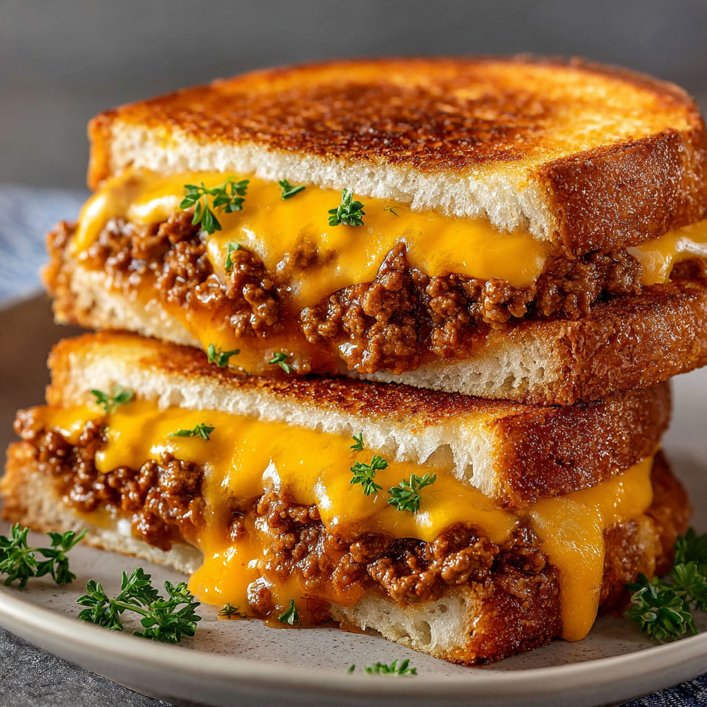 A grilled cheese sandwich with meat in the middle.