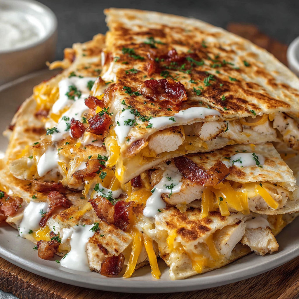 A stack of bacon wrapped chicken with cheese and sour cream.