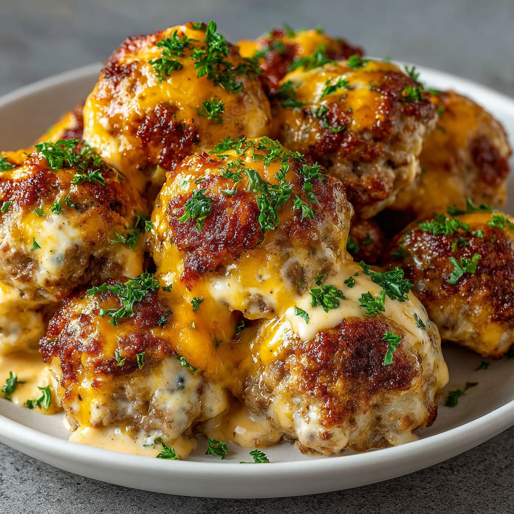 A plate of meatballs covered in cheese.