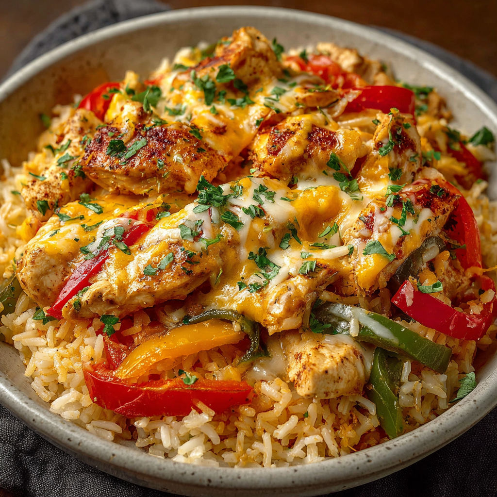 A bowl of rice with chicken and cheese.