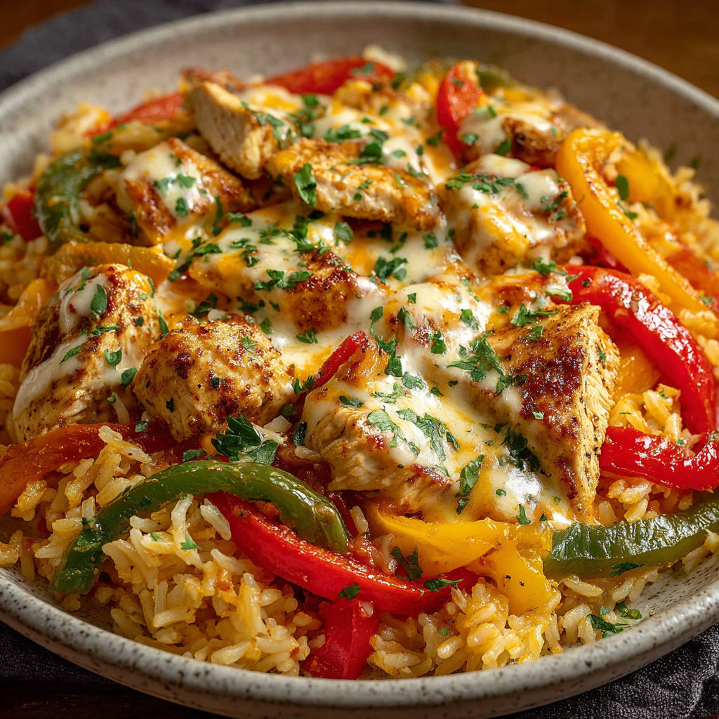 A bowl of rice with chicken and cheese.