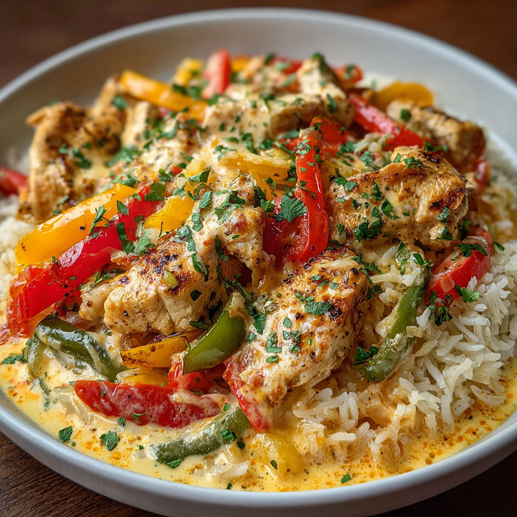 A plate of food with rice and peppers.
