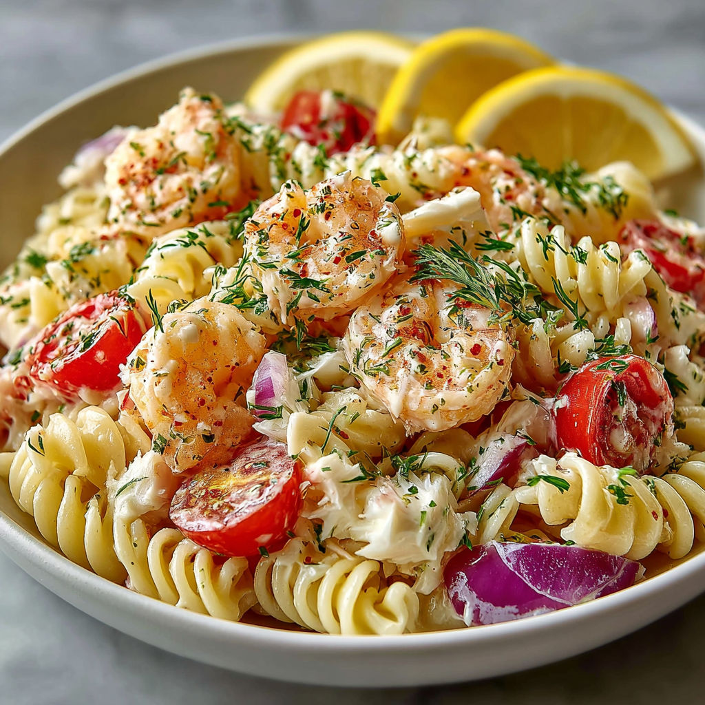 A bowl of pasta with shrimp and tomatoes.