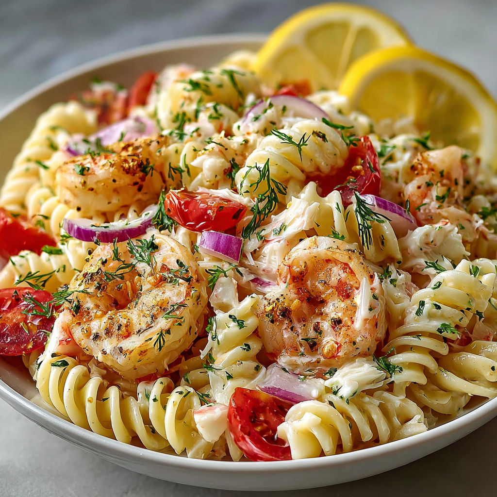 A bowl of pasta with shrimp and tomatoes.