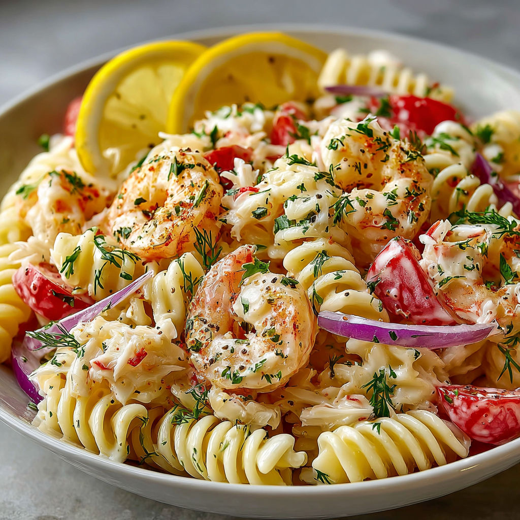 A bowl of pasta with shrimp, tomatoes, and lemon.