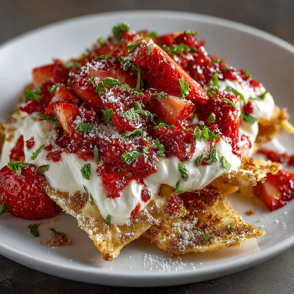 A plate of food with strawberries on top.