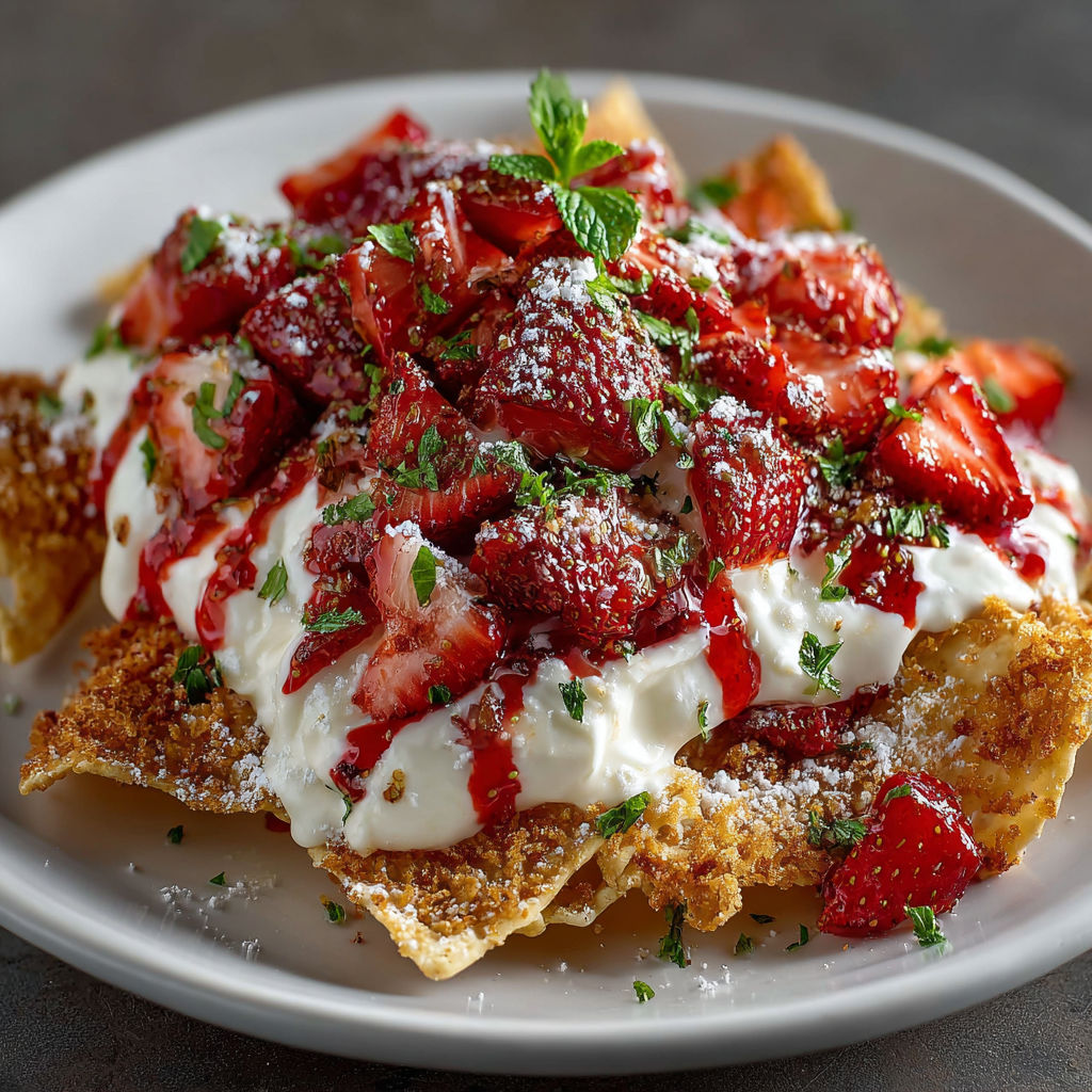 A plate of food with strawberries on top.