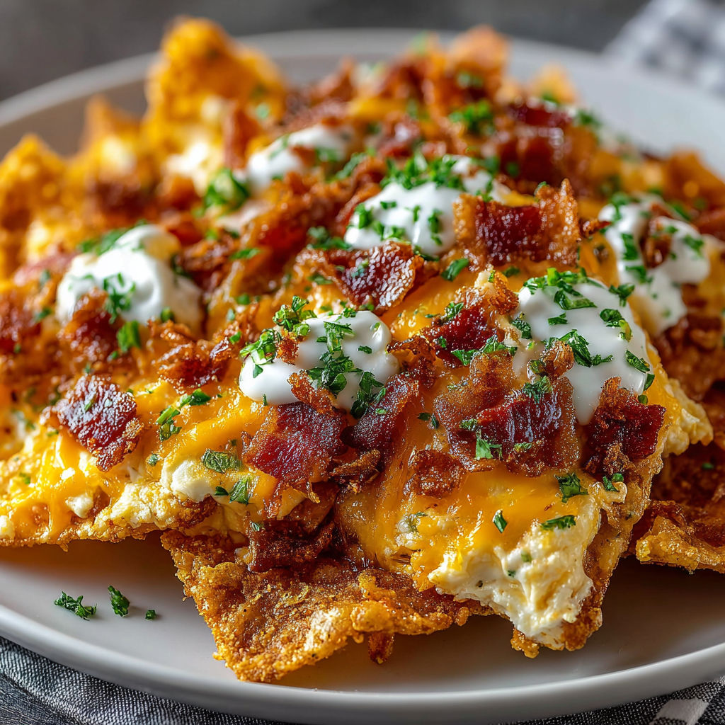 A plate of bacon and cheese covered chips.