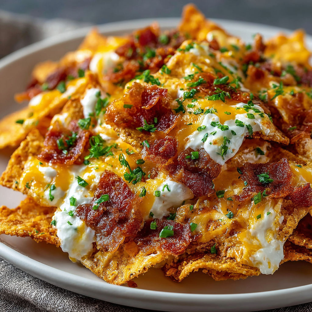 A plate of bacon and cheese covered nachos.