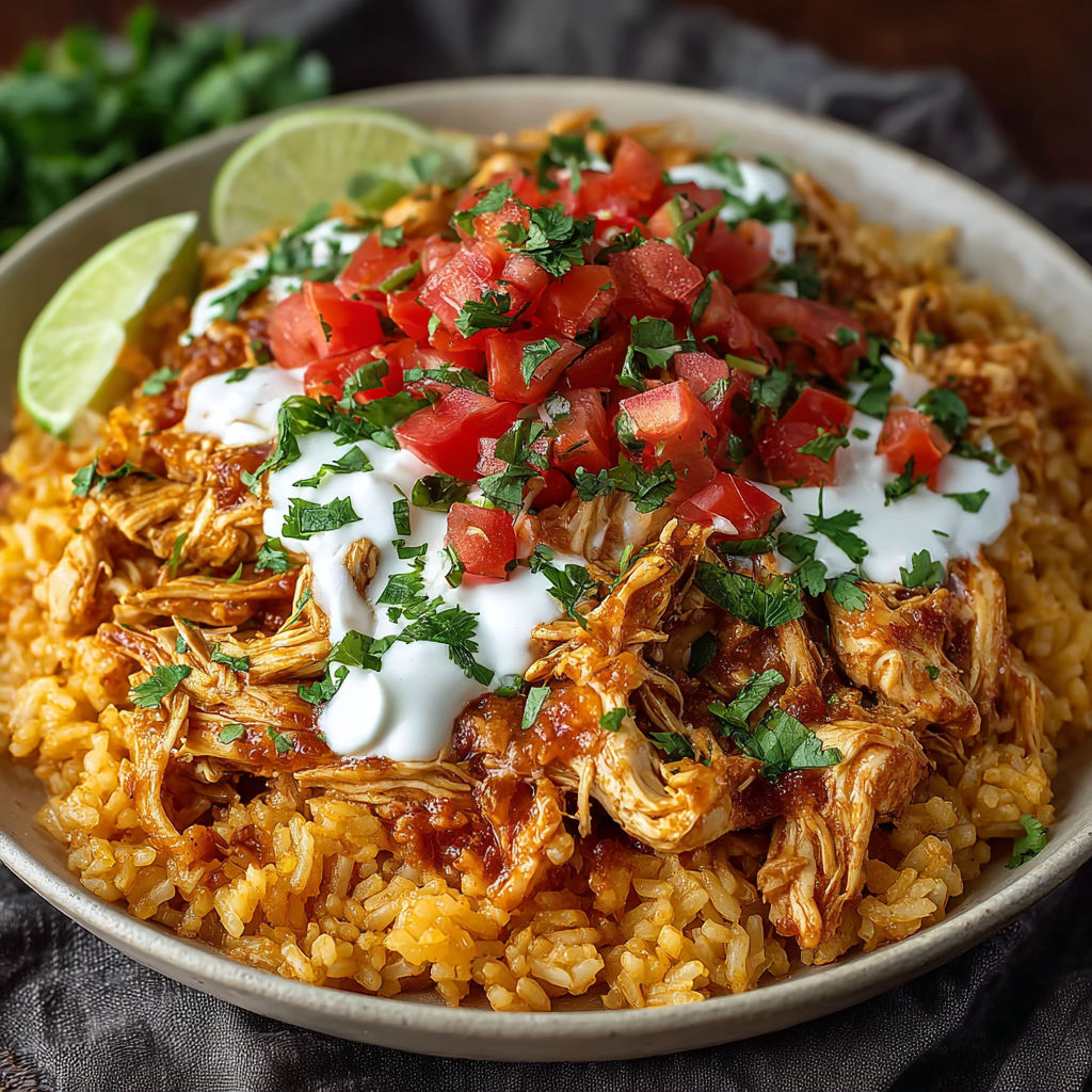 A bowl of slow cooked chicken with tomatoes and cheese.