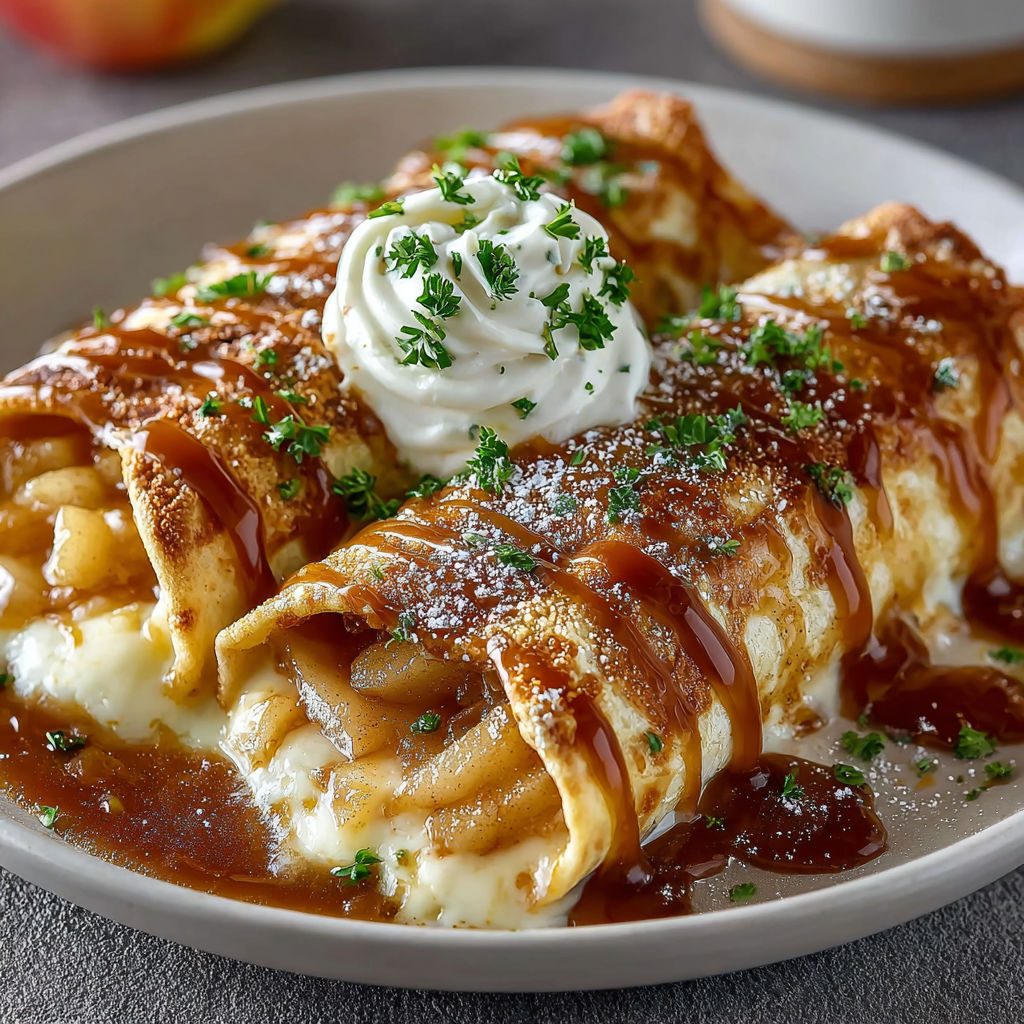 A plate of food with a white sauce and a green garnish on top.