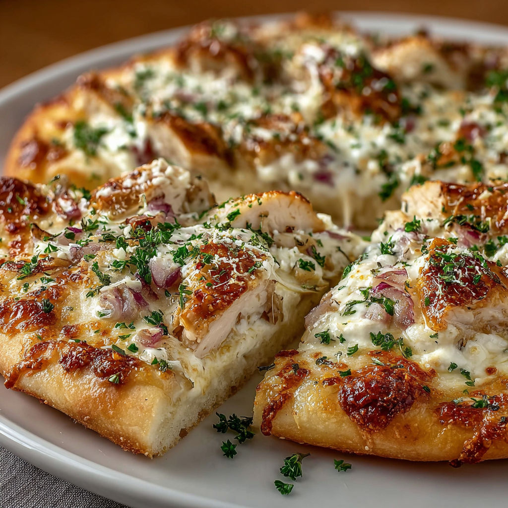 A pizza with cheese and chicken on top.