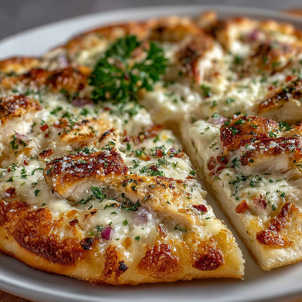 A slice of roasted pizza with a green herb on top.