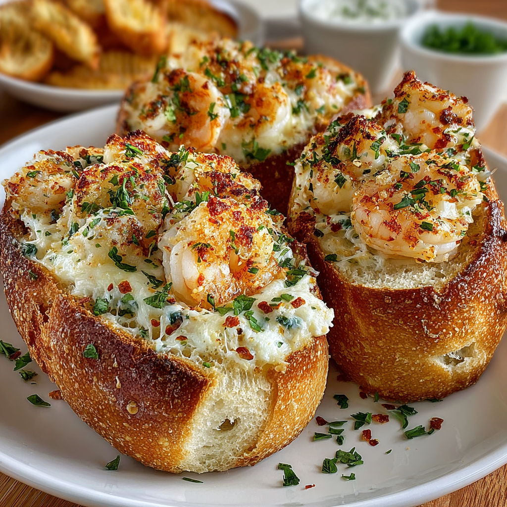 A plate of bread with shrimp on top.