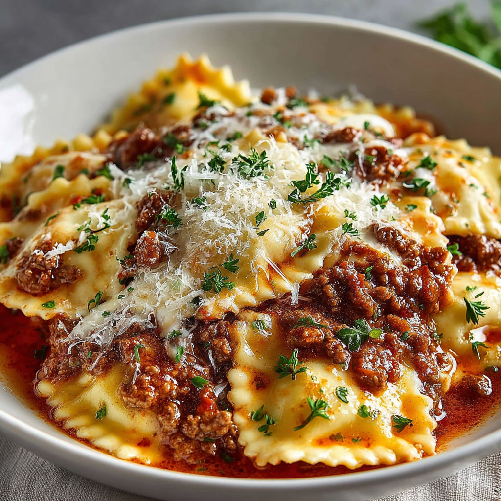 A plate of pasta with meat and cheese.