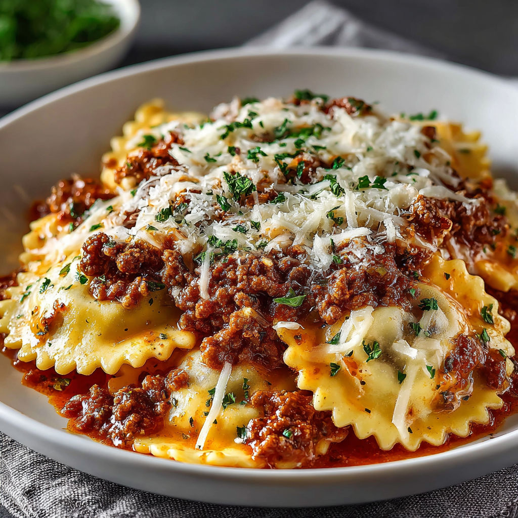 A plate of pasta with meat and cheese.