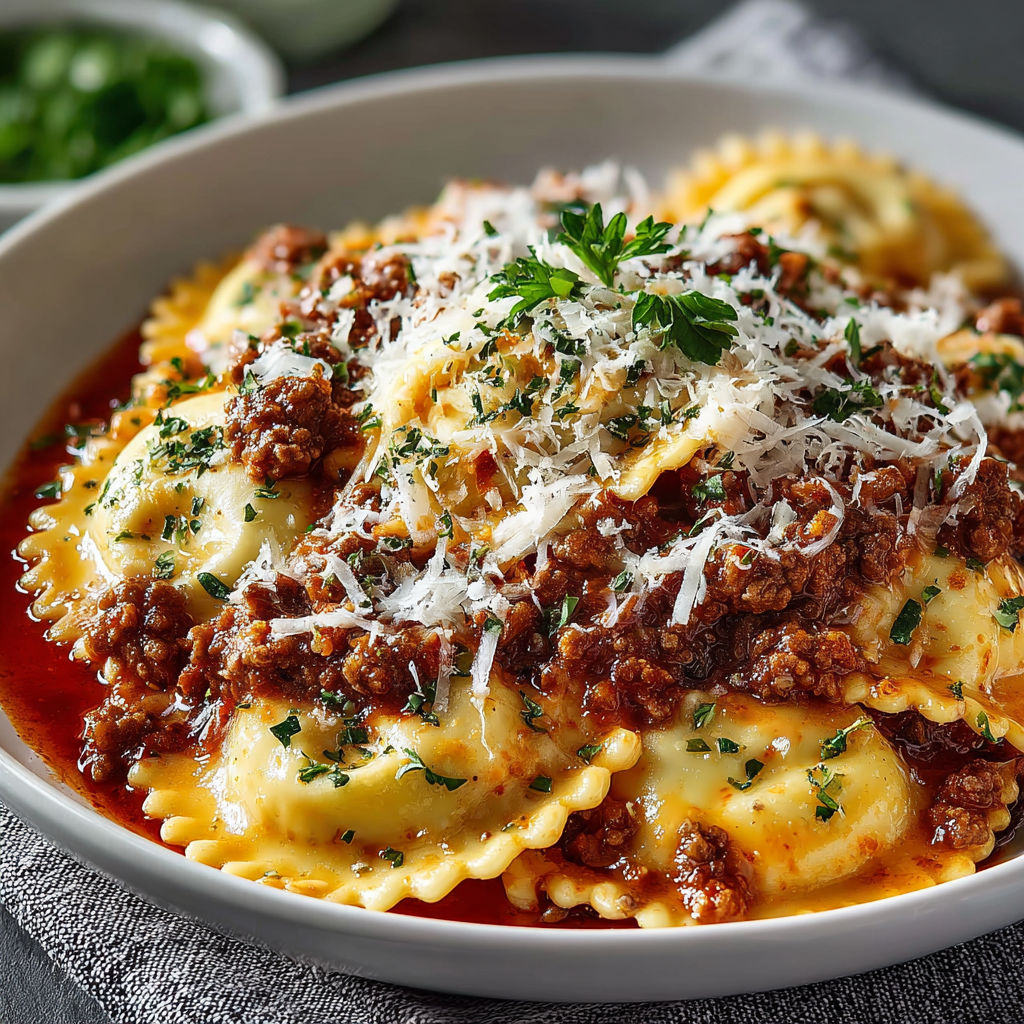 A plate of pasta with meat sauce.