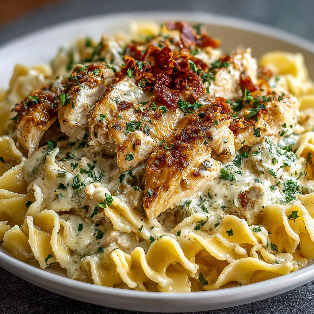 A plate of food with chicken and noodles.