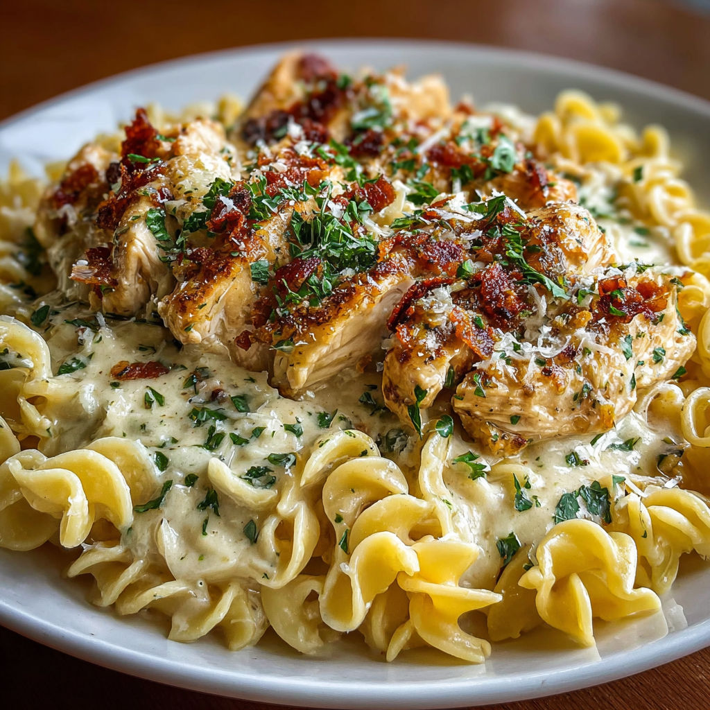 A plate of food with chicken and noodles.