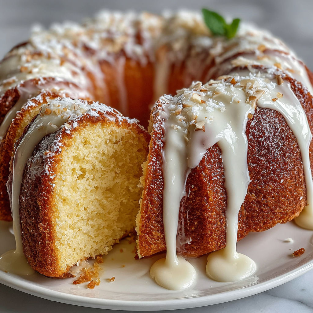 A cake with white icing and a green leaf on top.