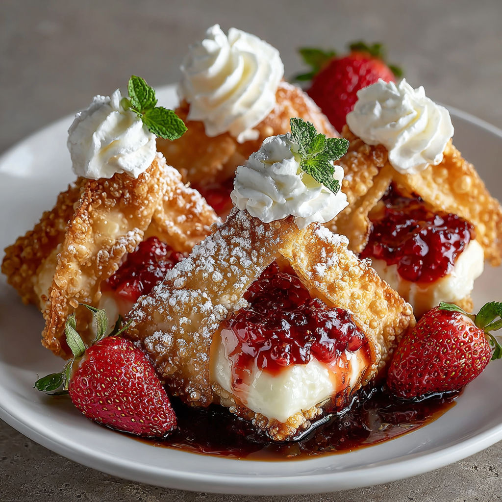 Deep-fried pastry with strawberries and whipped cream.