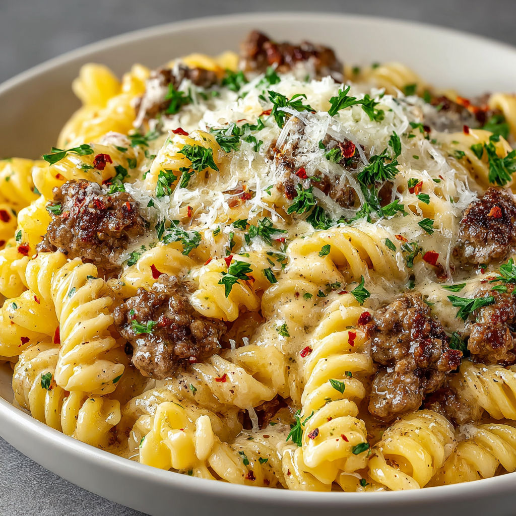 A bowl of pasta with meat and cheese.