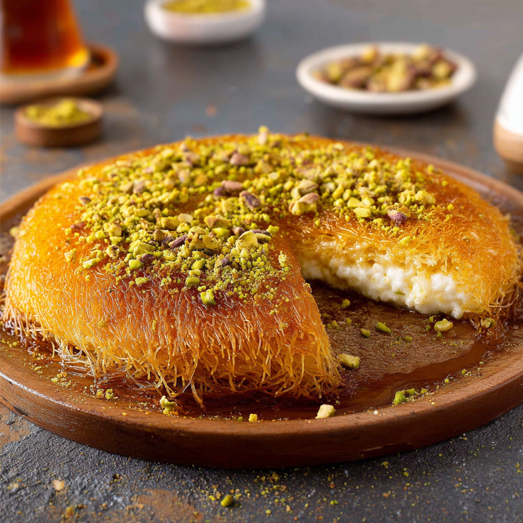 A slice of a dessert called Kunafa.