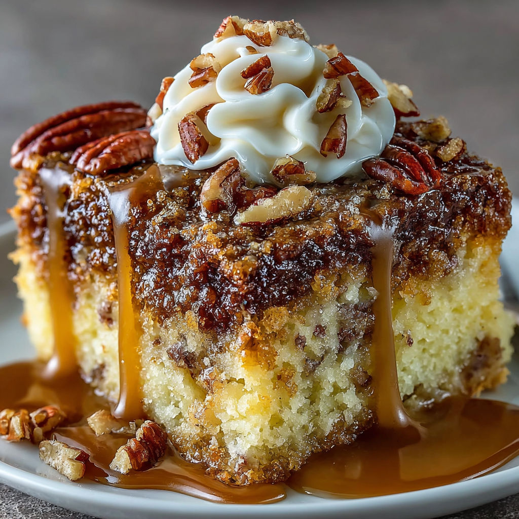 A slice of pecan pie with a dollop of whipped cream on top.