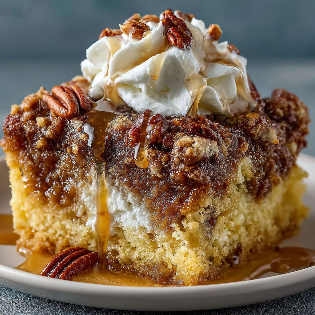 A slice of pecan pie with a dollop of whipped cream on top.