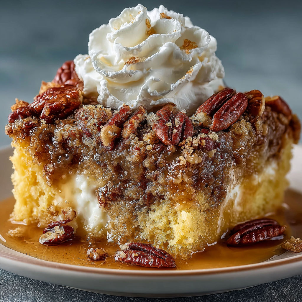 A slice of pecan pie with whipped cream on top.