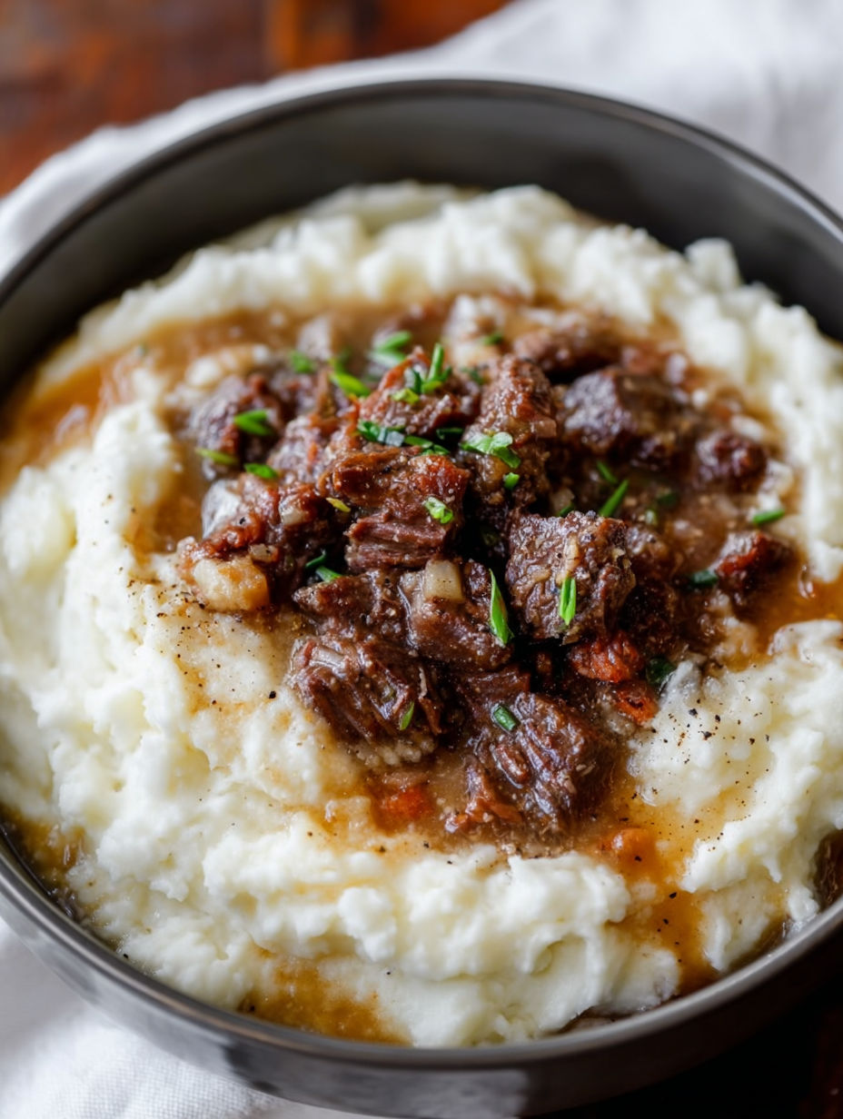 A bowl of mashed potatoes with meat on top.