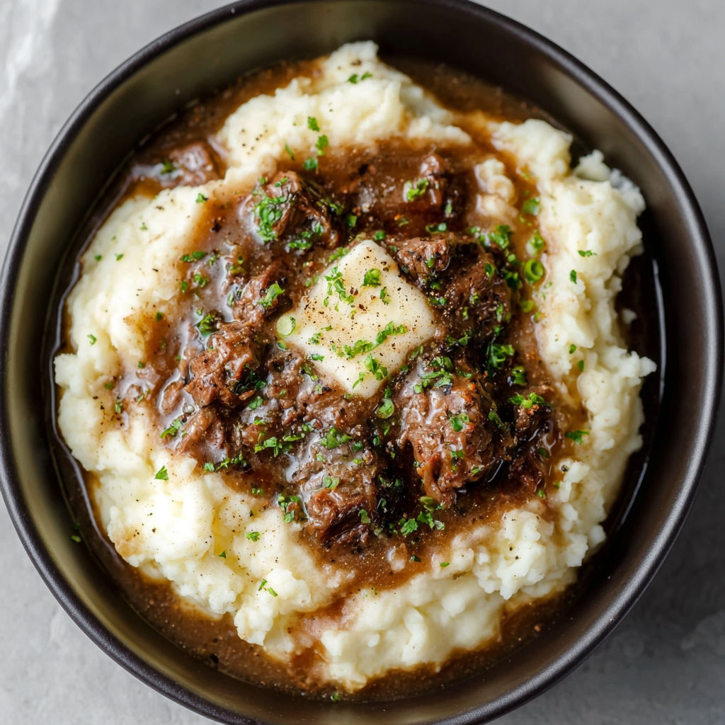 A bowl of mashed potatoes with meat in it.