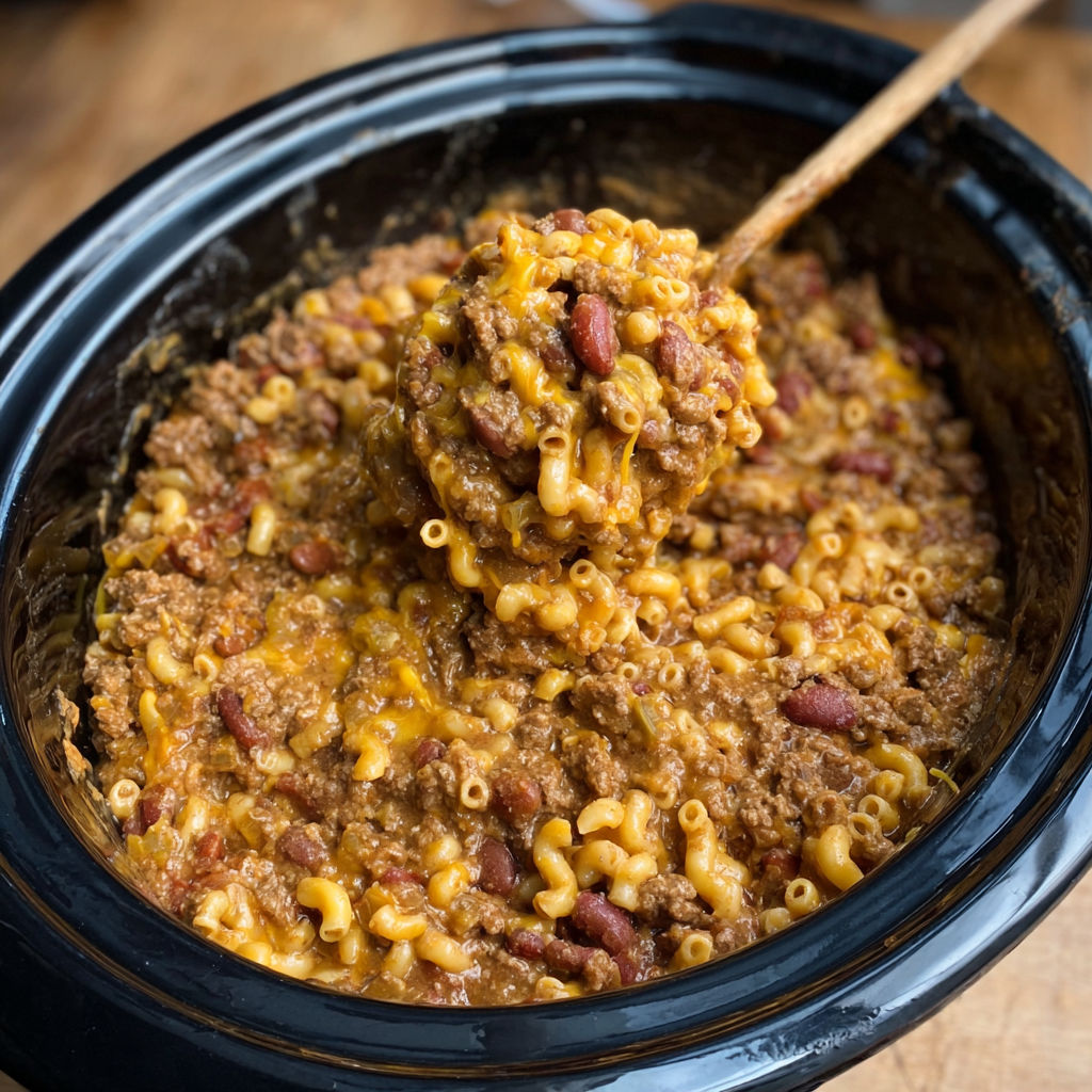 A crockpot filled with cowboy mac and cheese.