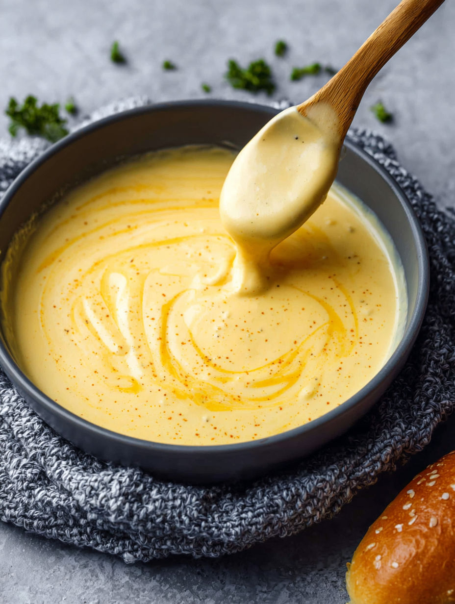 A spoon is in a bowl of creamy cheese sauce.