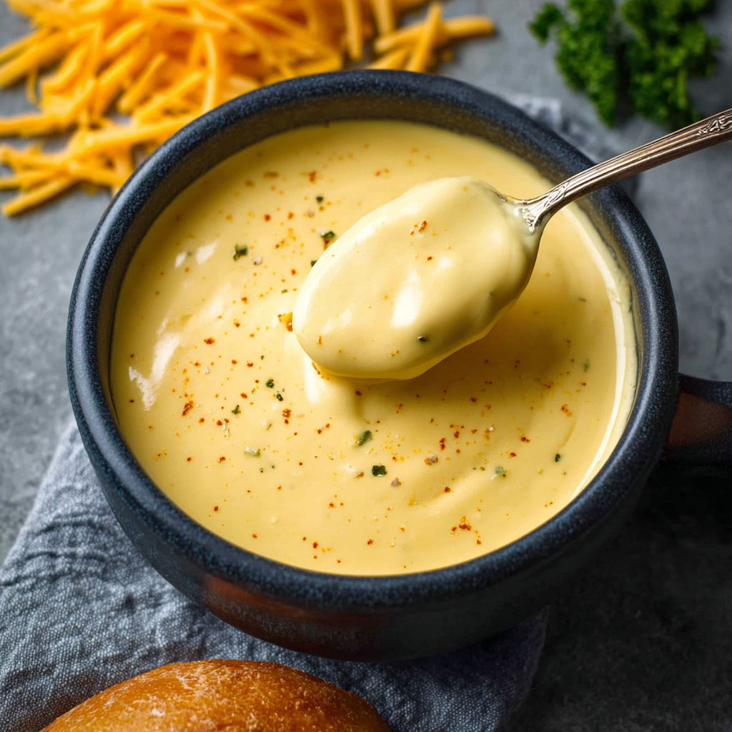 A spoon is in a bowl of creamy cheese sauce.