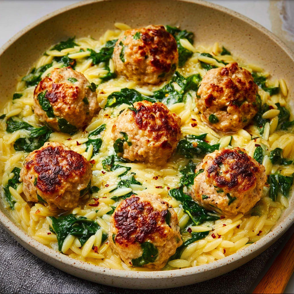 A dish of meatballs with spinach and garlic.