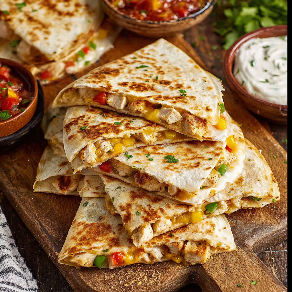 A stack of chicken quesadillas on a wooden cutting board.