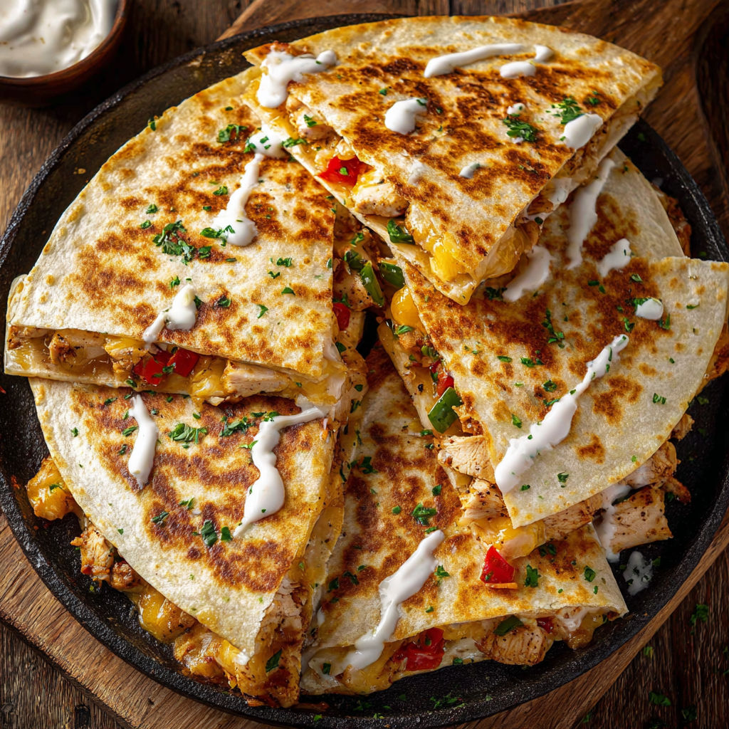 A chicken quesadilla recipe with white sauce and cheese.
