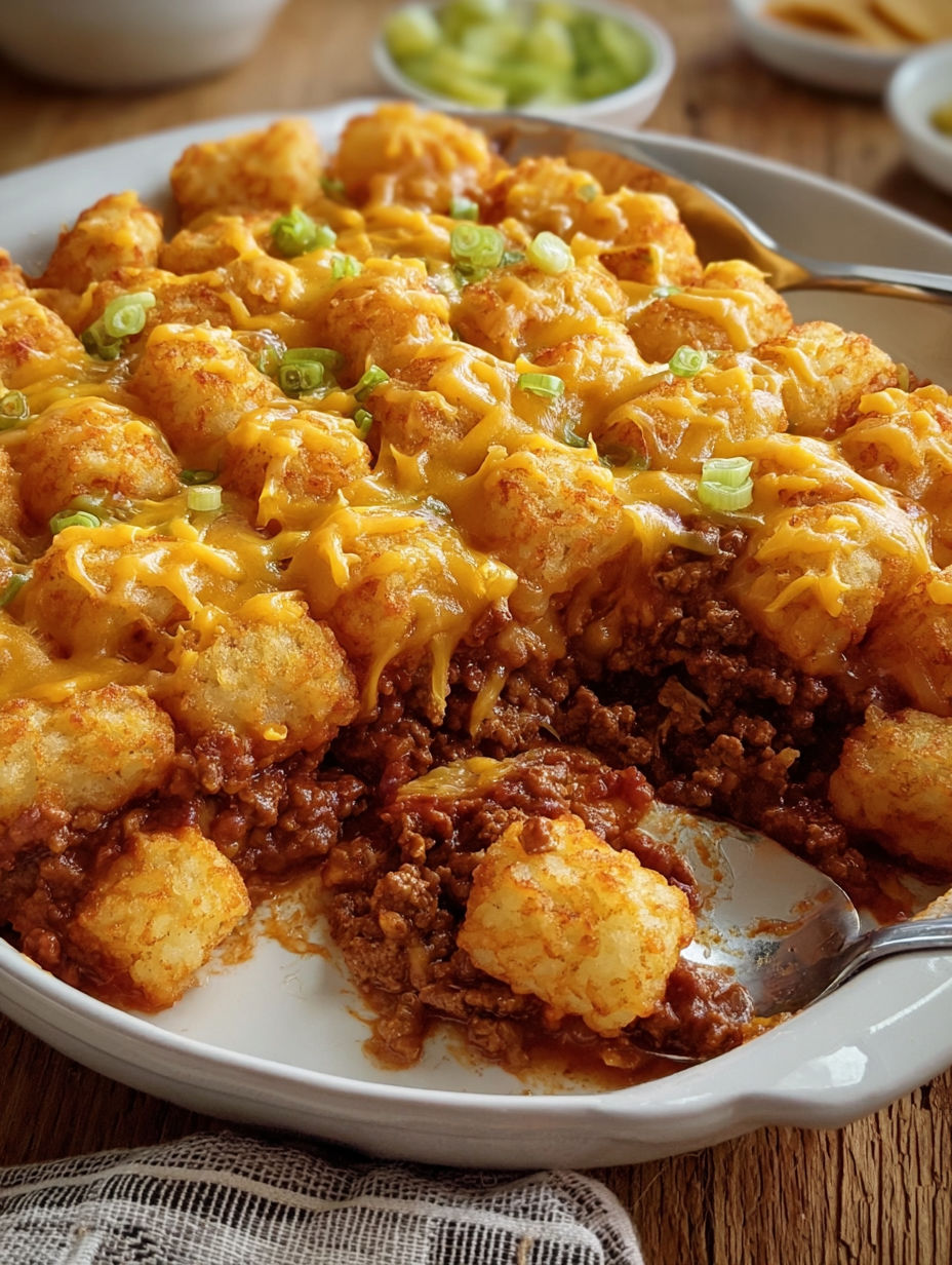 A plate of sloppy joe casserole with cheese and onions.