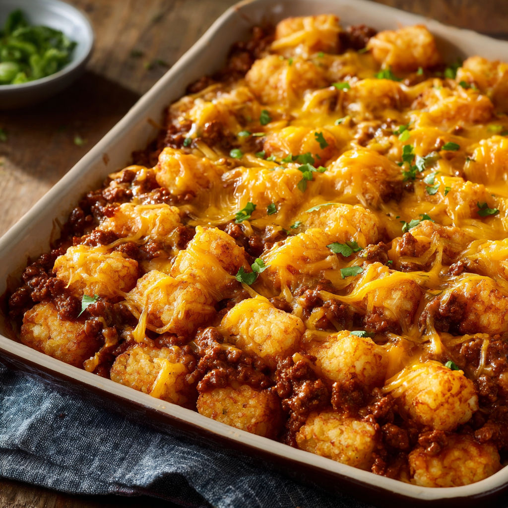 A casserole dish filled with cheese and tater tots.