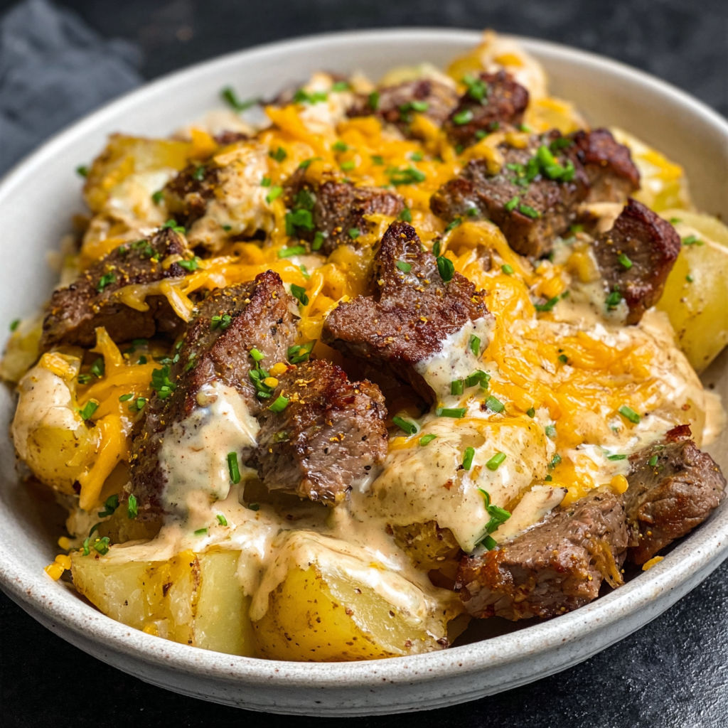 A bowl of food with meat and potatoes.