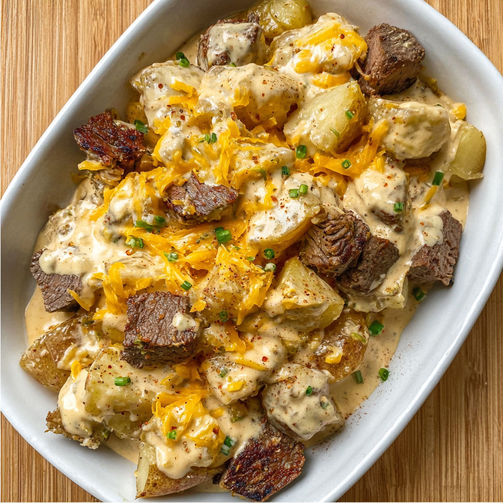 A white bowl filled with steak and potatoes.