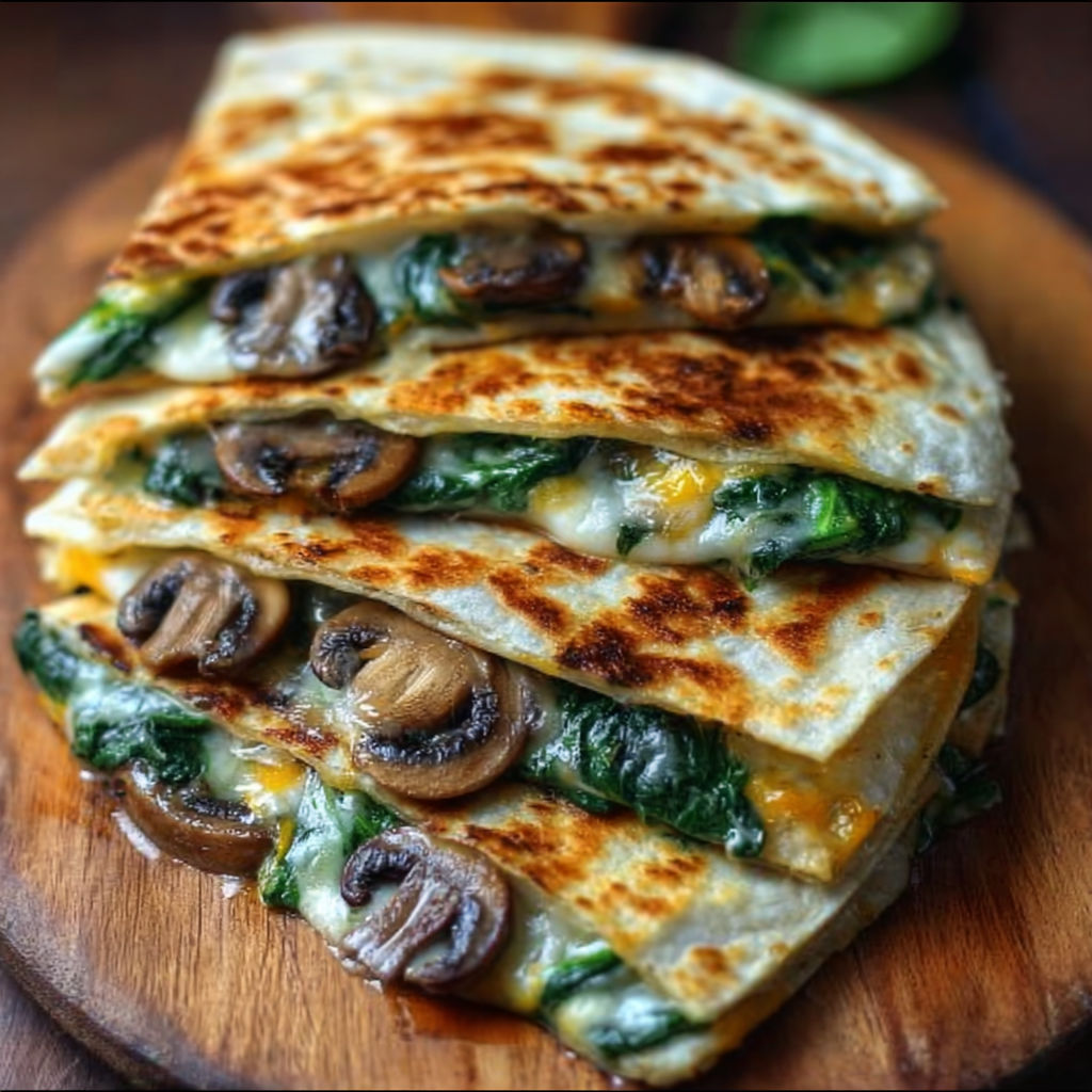 A stack of spinach and mushroom quesadillas.