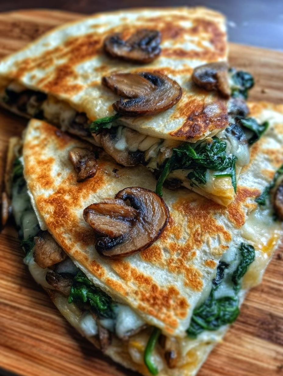 A stack of baked spinach mushroom quesadillas.