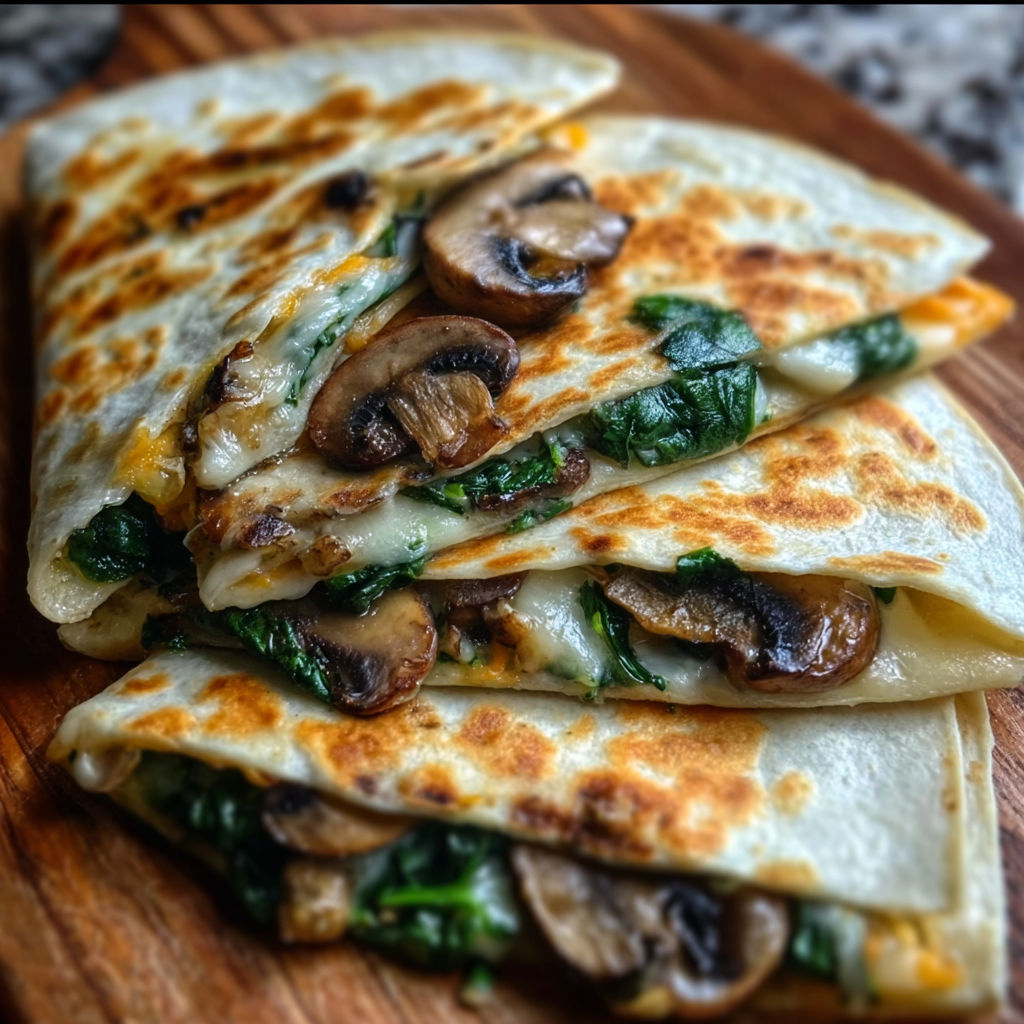 Baked spinach mushroom quesadillas on a wooden cutting board.