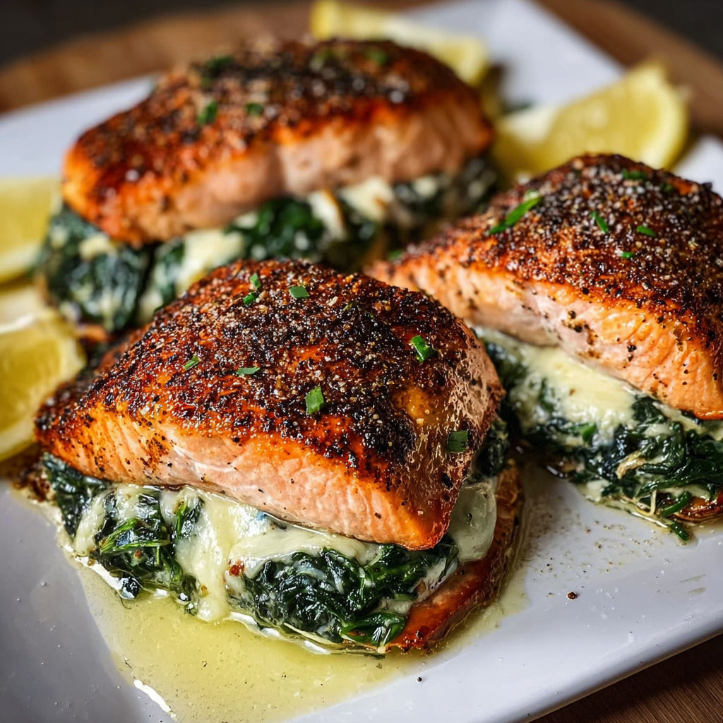 Blackened Salmon Stuffed with Spinach & Parmesan.