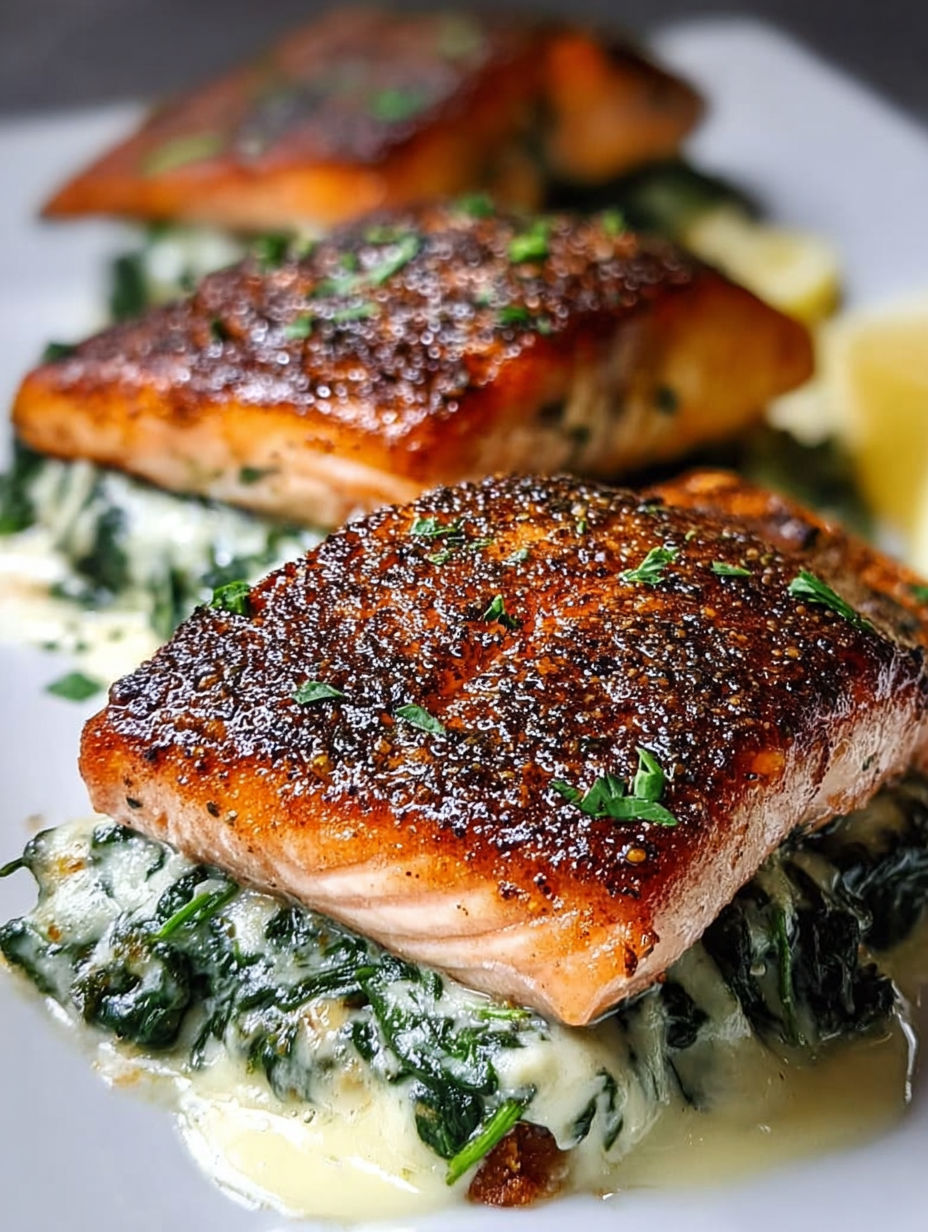 Blackened salmon stuffed with spinach and parmesan.