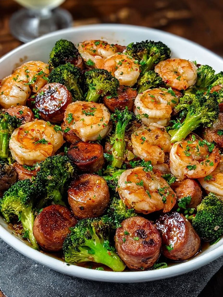A bowl of Honey Garlic Shrimp, Sausage & Broccoli.