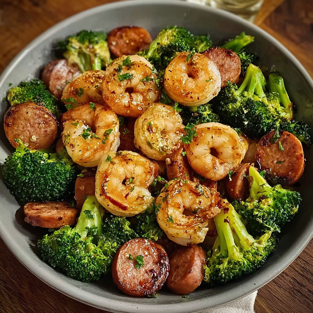 A bowl of food containing shrimp, sausage, and broccoli.